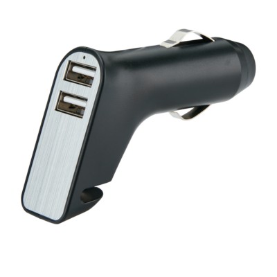 Ładowarka samochodowa USB, młotek bezpieczeństwa z nadrukiem Twojego logo, materiał: plastik, kolor: czarny, srebrny