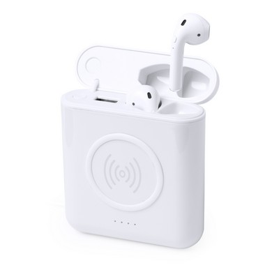 Bezprzewodowe słuchawki douszne, power bank 5200 mAh, ładowarka bezprzewodowa 5W z nadrukiem Twojego logo, materiał: plastik, kolor: biały