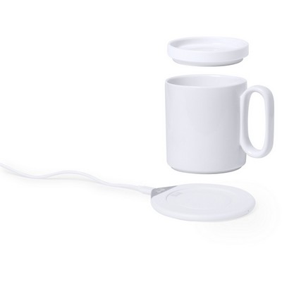 Kubek ceramiczny 350 ml, ładowarka bezprzewodowa 15W, podgrzewacz do kubka z nadrukiem Twojego logo, materiał: plastik, ceramika, kolor: biały