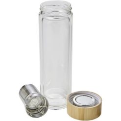 Szklany termos 420 ml, posiada sitko zatrzymujące fusy z nadrukiem Twojego logo, materiał: metal, bambus, szkło, kolor: jasnobrązowy