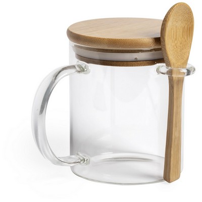 Szklany kubek 420 ml z łyżeczką i wieczkiem z nadrukiem Twojego logo, materiał: bambus, szkło, szkło borokrzemowe, kolor: brązowy