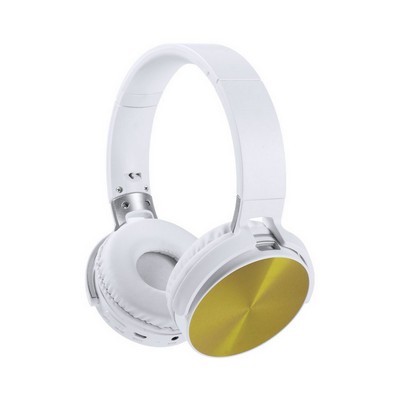Składane bezprzewodowe słuchawki nauszne, radio z nadrukiem Twojego logo, materiał: plastik, aluminium, kolor: żółty