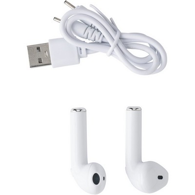 Bezprzewodowe słuchawki douszne z nadrukiem Twojego logo, materiał: plastik, pu, kolor: biały