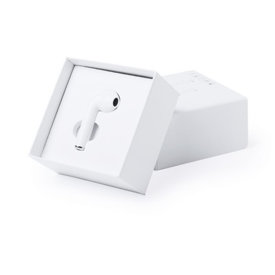 Bezprzewodowa słuchawka douszna z nadrukiem Twojego logo, materiał: plastik, kolor: biały