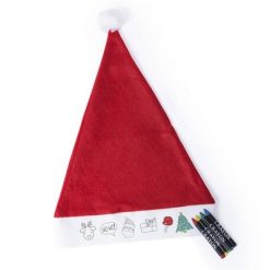 Czapka świąteczna do kolorowania, kredki z nadrukiem Twojego logo, materiał: poliester, non-woven, kolor: czerwony