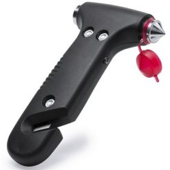 Młotek bezpieczeństwa, przecinak do pasów, latarka 1 LED z nadrukiem Twojego logo, materiał: plastik, kolor: czarny Młotek bezpieczeństwa, przecinak do pasów, latarka 1 LED z nadrukiem Twojego logo, materiał: plastik, kolor: czarny