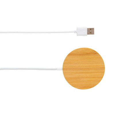Bambusowa, magnetyczna ładowarka bezprzewodowa 10W z nadrukiem Twojego logo, materiał: bambus, tpe, kolor: brązowy