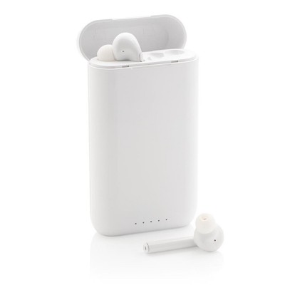 Power bank 5000 mAh, słuchawki bezprzewodowe TWS Liberty z nadrukiem Twojego logo, materiał: plastik, silikon, kolor: biały