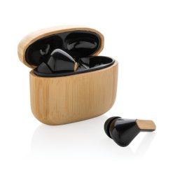 Douszne słuchawki bezprzewodowe TWS, plastik z recyklingu z nadrukiem Twojego logo, materiał: bambus, kolor: brązowy