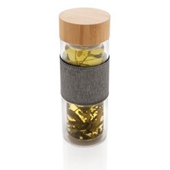 Szklana butelka 360 ml w pokrowcu z nadrukiem Twojego logo, materiał: bambus, szkło, kolor: neutralny Szklana butelka 360 ml w pokrowcu z nadrukiem Twojego logo, materiał: bambus, szkło, kolor: neutralny