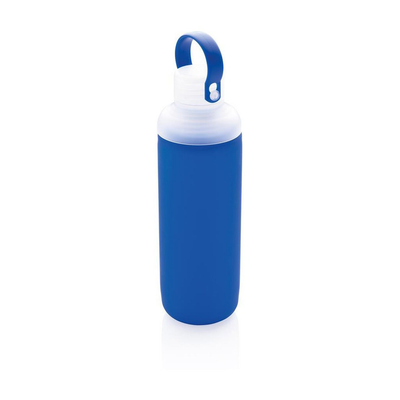 Szklana butelka 500 ml w pokrowcu z nadrukiem Twojego logo, materiał: szkło, silikon, kolor: niebieski