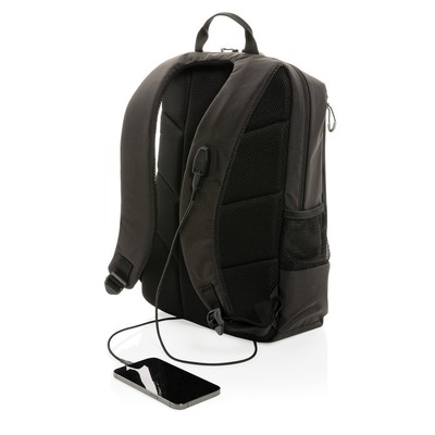 Plecak na laptopa 15,6" Swiss Peak Lima AWARE™, ochrona RFID z nadrukiem Twojego logo, materiał: rpet, kolor: czarny Plecak na laptopa 15,6" Swiss Peak Lima AWARE™, ochrona RFID z nadrukiem Twojego logo, materiał: rpet, kolor: czarny