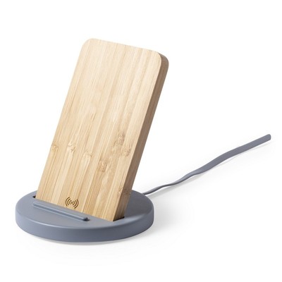 Ładowarka bezprzewodowa 10W, stojak na telefon z nadrukiem Twojego logo, materiał: bambus, kolor: neutralny