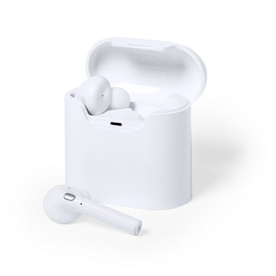 Bezprzewodowe słuchawki douszne z nadrukiem Twojego logo, materiał: plastik, kolor: biały