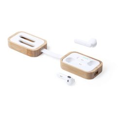 Bezprzewodowe słuchawki douszne, bambusowe etui z nadrukiem Twojego logo, materiał: plastik, bambus, kolor: neutralny