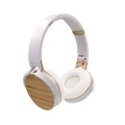 Składane bezprzewodowe słuchawki nauszne, bambusowe elementy | Hollie z nadrukiem Twojego logo, materiał: bambus, pp, kolor: biały