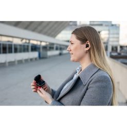 Bezprzewodowe słuchawki douszne | Graham z nadrukiem Twojego logo, materiał: plastik, kolor: czarny Bezprzewodowe słuchawki douszne | Graham z nadrukiem Twojego logo, materiał: plastik, kolor: czarny