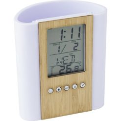 Pojemnik na przybory do pisania, zegar wielofunkcyjny z nadrukiem Twojego logo, materiał: plastik, bambus, kolor: drewno