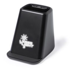 Ładowarka bezprzewodowa 15W, pojemnik na przybory do pisania, stojak na telefon z nadrukiem Twojego logo, materiał: plastik, kolor: czarny Ładowarka bezprzewodowa 15W, pojemnik na przybory do pisania, stojak na telefon z nadrukiem Twojego logo, materiał: plastik, kolor: czarny