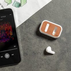 Bezprzewodowe słuchawki douszne RABS, etui ze skóry z recyklingu z nadrukiem Twojego logo, materiał: skóra, kolor: brązowy