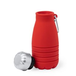Składana butelka sportowa 550 ml z karabińczykiem z nadrukiem Twojego logo, materiał: stal nierdzewna, silikon, stal, kolor: czerwony Składana butelka sportowa 550 ml z karabińczykiem z nadrukiem Twojego logo, materiał: stal nierdzewna, silikon, stal, kolor: czerwony