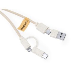 Kabel do ładowania ze słomy pszenicznej i bawełny z karabińczykiem, bambusowy element z nadrukiem Twojego logo, materiał: plastik, bambus, bawełna, słoma pszeniczna, kolor: neutralny