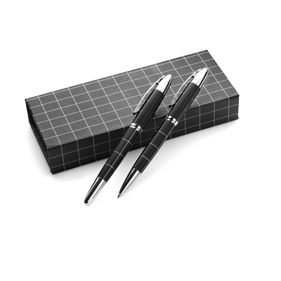 Zestaw piśmienniczy, długopis i pióro kulkowe z nadrukiem Twojego logo, materiał: metal, kolor: czarny