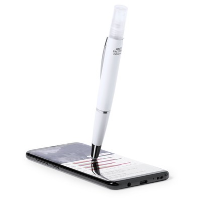 Długopis antybakteryjny z atomizerem i zatyczką, touch pen z nadrukiem Twojego logo, materiał: plastik, kolor: biały