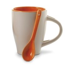 Kubek ceramiczny 300 ml z łyżeczką z nadrukiem Twojego logo, materiał: ceramika, kolor: pomarańczowy