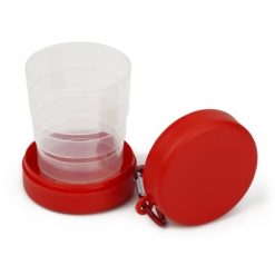 Składany kubek podróżny 220 ml z karabińczykiem z nadrukiem Twojego logo, materiał: aluminium, pet, kolor: czerwony Składany kubek podróżny 220 ml z karabińczykiem z nadrukiem Twojego logo, materiał: aluminium, pet, kolor: czerwony