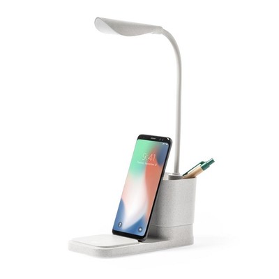 Lampka na biurko ze słomy pszenicznej, ładowarka bezprzewodowa 10W, stojak na telefon, pojemnik na przybory do pisania z nadrukiem Twojego logo, materiał: plastik, słoma pszeniczna, kolor: neutralny
