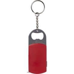 Brelok do kluczy, lampka LED, otwieracz do butelek, miara 1m z nadrukiem Twojego logo, materiał: metal, plastik, kolor: czerwony Brelok do kluczy, lampka LED, otwieracz do butelek, miara 1m z nadrukiem Twojego logo, materiał: metal, plastik, kolor: czerwony