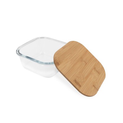 Szklane pudełko śniadaniowe 350 ml, bambusowe wieczko | Aaron z nadrukiem Twojego logo, materiał: bambus, szkło, kolor: neutralny