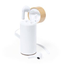 Power bank 4500 mAh, bezprzewodowe słuchawki douszne z nadrukiem Twojego logo, materiał: plastik, bambus, kolor: biały