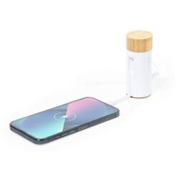 Power bank 4500 mAh, bezprzewodowe słuchawki douszne z nadrukiem Twojego logo, materiał: plastik, bambus, kolor: biały