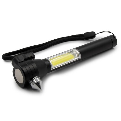 Latarka bezpieczeństwa 1 LED COB, przecinak do pasów, młotek bezpieczeństwa | Flint z nadrukiem Twojego logo, materiał: metal, kolor: czarny Latarka bezpieczeństwa 1 LED COB, przecinak do pasów, młotek bezpieczeństwa | Flint z nadrukiem Twojego logo, materiał: metal, kolor: czarny