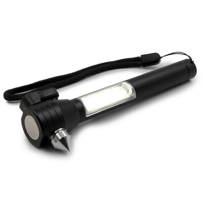 Latarka bezpieczeństwa 1 LED COB, przecinak do pasów, młotek bezpieczeństwa | Flint z nadrukiem Twojego logo, materiał: metal, kolor: czarny Latarka bezpieczeństwa 1 LED COB, przecinak do pasów, młotek bezpieczeństwa | Flint z nadrukiem Twojego logo, materiał: metal, kolor: czarny