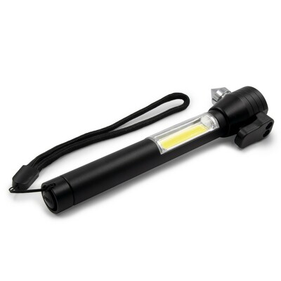 Latarka bezpieczeństwa 1 LED COB, przecinak do pasów, młotek bezpieczeństwa | Flint z nadrukiem Twojego logo, materiał: metal, kolor: czarny Latarka bezpieczeństwa 1 LED COB, przecinak do pasów, młotek bezpieczeństwa | Flint z nadrukiem Twojego logo, materiał: metal, kolor: czarny