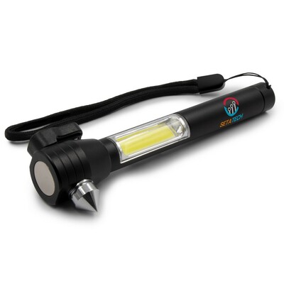 Latarka bezpieczeństwa 1 LED COB, przecinak do pasów, młotek bezpieczeństwa | Flint z nadrukiem Twojego logo, materiał: metal, kolor: czarny Latarka bezpieczeństwa 1 LED COB, przecinak do pasów, młotek bezpieczeństwa | Flint z nadrukiem Twojego logo, materiał: metal, kolor: czarny