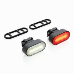 Zestaw lampek do rowera Lumino z nadrukiem Twojego logo, materiał: tpr, kolor: czarny Zestaw lampek do rowera Lumino z nadrukiem Twojego logo, materiał: tpr, kolor: czarny