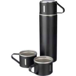 Termos 420 ml, trzy kubki 150  ml z nadrukiem Twojego logo, materiał: metal, bambus, stal nierdzewna, stal, kolor: czarny Termos 420 ml, trzy kubki 150  ml z nadrukiem Twojego logo, materiał: metal, bambus, stal nierdzewna, stal, kolor: czarny