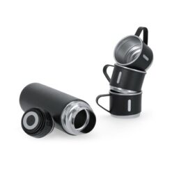 Termos 420 ml i 3 kubki 140 ml z nadrukiem Twojego logo, materiał: stal nierdzewna, stal, kolor: czarny Termos 420 ml i 3 kubki 140 ml z nadrukiem Twojego logo, materiał: stal nierdzewna, stal, kolor: czarny