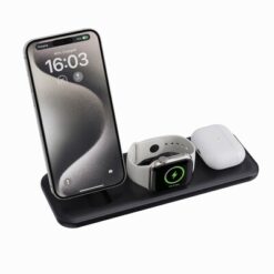 Ładowarka bezprzewodowa 3 w 1, 15W Urban Vitamin Torrance z nadrukiem Twojego logo, kolor: czarny