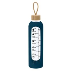 Szklana butelka 1000 ml z nadrukiem Twojego logo, materiał: bambus, szkło, kolor: granatowy