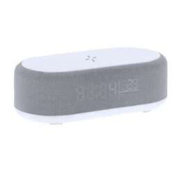 Ładowarka bezprzewodowa 15W, głośnik bezprzewodowy 5W, zegar, lampka LED z nadrukiem Twojego logo, materiał: plastik, poliester, kolor: szary Ładowarka bezprzewodowa 15W, głośnik bezprzewodowy 5W, zegar, lampka LED z nadrukiem Twojego logo, materiał: plastik, poliester, kolor: szary