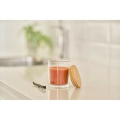 Świeczka zapachowa z nadrukiem Twojego logo, materiał: bambus, szkło, wosk, kolor: pomarańczowy