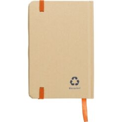 Notatnik A6 z papieru kraftowego z recyklingu z nadrukiem Twojego logo, materiał: guma, papier, poliester, kolor: pomarańczowy Notatnik A6 z papieru kraftowego z recyklingu z nadrukiem Twojego logo, materiał: guma, papier, poliester, kolor: pomarańczowy
