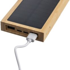 Power bank 10000 mAh z ładowarką słoneczną z nadrukiem Twojego logo, materiał: bambus, kolor: brązowy Power bank 10000 mAh z ładowarką słoneczną z nadrukiem Twojego logo, materiał: bambus, kolor: brązowy