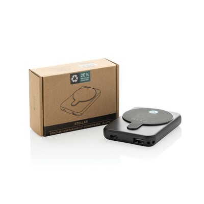 Magnetyczny bezprzewodowy power bank 5000 mAh, 5W Stellar z nadrukiem Twojego logo, kolor: czarny Magnetyczny bezprzewodowy power bank 5000 mAh, 5W Stellar z nadrukiem Twojego logo, kolor: czarny