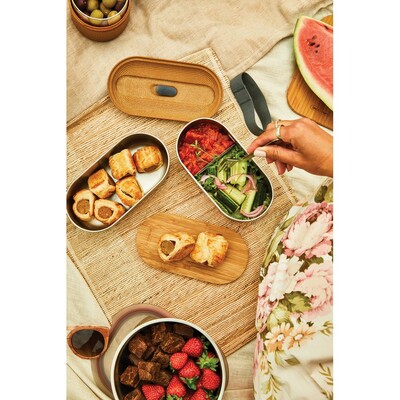 Lunchbox, pudełko śniadaniowe Black+Blum Double Bento z nadrukiem Twojego logo, materiał: bambus, stal nierdzewna, stal, kolor: grey Lunchbox, pudełko śniadaniowe Black+Blum Double Bento z nadrukiem Twojego logo, materiał: bambus, stal nierdzewna, stal, kolor: grey